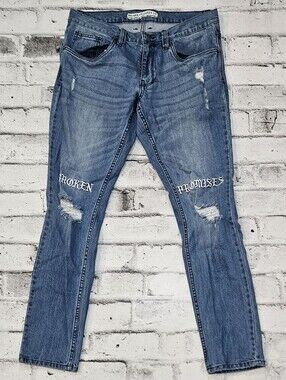 Broken Promises Mens Jeans 32 Blue Distressed Embroidered Cobra Straight